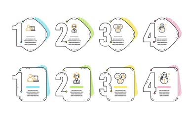 Online education, Like and Shipping support icons simple set. Snowman sign. Internet lectures, Social media likes, Delivery manager. New year. Infographic timeline. Line online education icon. Vector