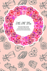 Flower frame of roses - greeting card. Vector illustration. wedding cards