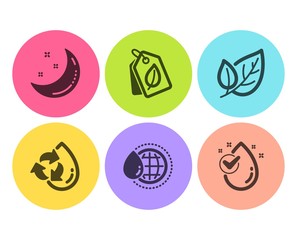 Moon stars, Bio tags and World water icons simple set. Recycle water, Leaf signs. Night, Leaf. Nature set. Flat moon stars icon. Circle button. Vector