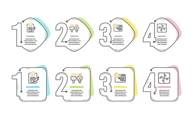Quick tips, Rfp and Computer cables icons simple set. Puzzle sign. Helpful tricks, Request for proposal, Rj45 internet. Engineering strategy. Science set. Infographic timeline. Line quick tips icon