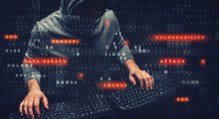 Hacker in hoodie dark theme - obrazy, fototapety, plakaty