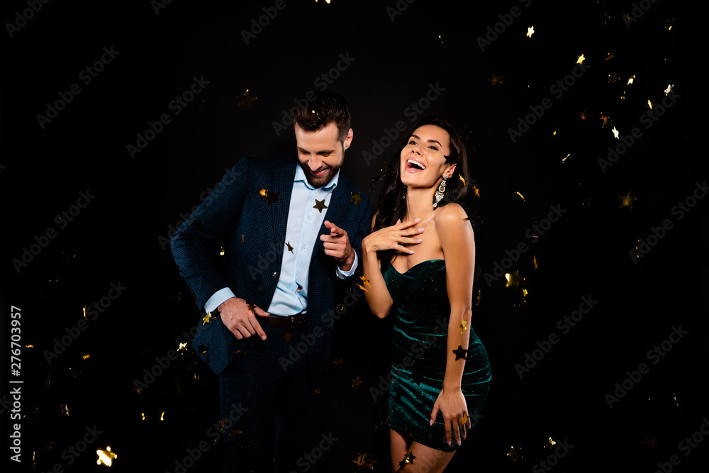 Poster portrait of his he her she nice-looking classy attractive glamorous smart cheerful excited ecstatic 