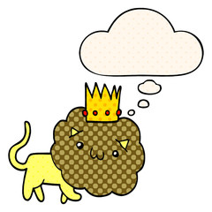 cartoon lion with crown and thought bubble in comic book style