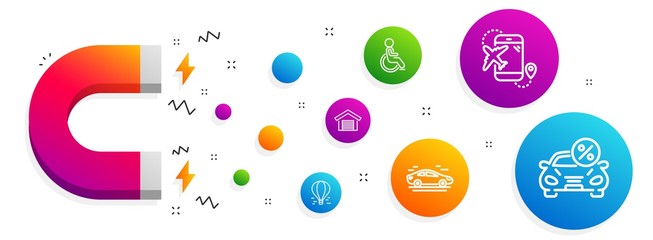 Magnet attracting. Car, Flight destination and Disabled icons simple set. Parking garage, Air balloon and Car leasing signs. Transport, Airplane trip. Transportation set. Line car icon. Vector