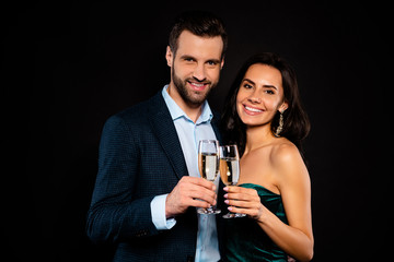 Close-up family portrait of his he her she nice-looking well-dressed adorable fascinating attractive classy glamorous lovely luxurious smart cheerful cheery two person congrats isolated over black