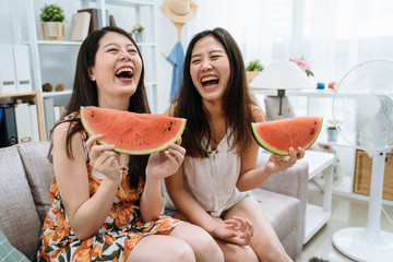 two young asian korean girls enjoying watermelon sitting on couch. Female friends eating fresh...