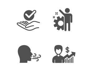 Set of Breathing exercise, Approved and Employee icons. Business growth sign. Breath, Verified symbol, Cogwheel. Earnings results.  Classic design breathing exercise icon. Flat design. Vector