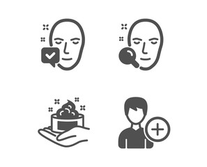 Set of Face search, Skin care and Face accepted icons. Add person sign. Find user, Hand cream, Access granted. Edit user data.  Classic design face search icon. Flat design. Vector