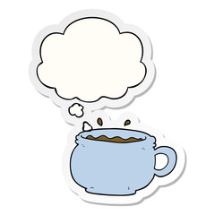 cartoon hot cup of coffee and thought bubble as a printed sticker