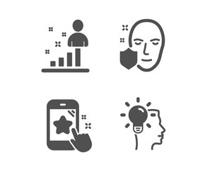 Set of Stats, Star rating and Face protection icons. Idea sign. Business analysis, Phone feedback, Secure access. Professional job.  Classic design stats icon. Flat design. Vector