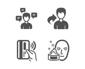 Set of Share, Contactless payment and Conversation messages icons. Face cream sign. Male user, Bank money, Communication. Gel.  Classic design share icon. Flat design. Vector