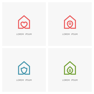 Home outline logo set. House with heart, place mark, shield and green leaf symbol - love and family, address pointer, safety and security, agriculture and ecology icons.