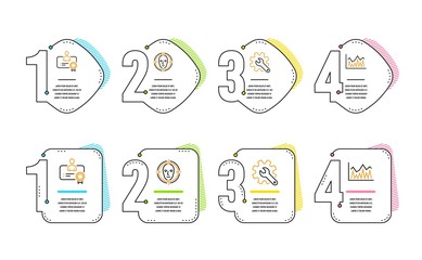 Certificate, Customisation and Face detect icons simple set. Investment sign. Best employee, Settings, Select target. Economic statistics. Science set. Infographic timeline. Line certificate icon