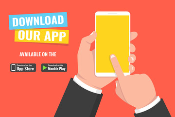 Download page of the mobile app. Hand holding smartphone and touching screen. Vector illustration.