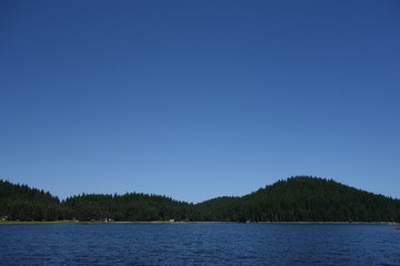 View of the landscape of the lake  in the mountain during summer. Copy space for text on blue sky.