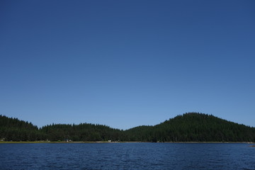 View of the landscape of the lake  in the mountain during summer. Copy space for text on blue sky.