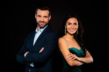Portrait of his he her she nice-looking well-dressed attractive glamorous luxurious brandy content successful cheerful cheery two people folded arms isolated over black background