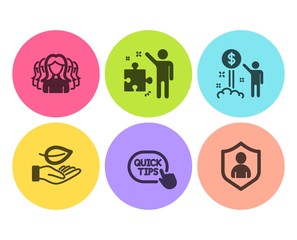 Women group, Income money and Quick tips icons simple set. Strategy, Leaf and Security signs. Lady service, Wealth. People set. Flat women group icon. Circle button. Vector
