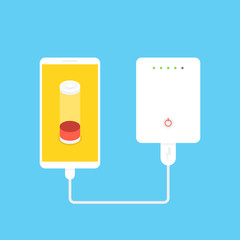 Power bank connected to smartphone by usb cable. Vector illustration.