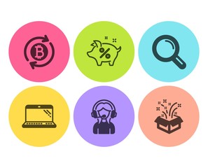 Loan percent, Laptop and Refresh bitcoin icons simple set. Research, Support and Gift signs. Piggy bank, Computer. Flat loan percent icon. Circle button. Vector