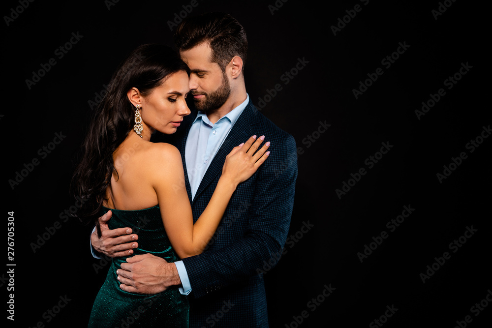 Sticker Close up side profile photo beautiful she her wife bride he him his husband fiance mrs mr married spouse protect hands slim waist hold close wear costume jacket green dress isolated black background