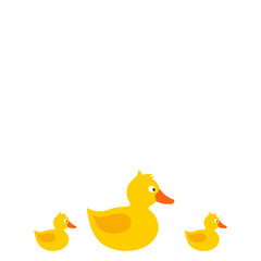 Vector design. Illustration with Rubber duck. Yellow and orange, with wing, tale, beak and eye. Template with space for text for cards, invitations, blog post.