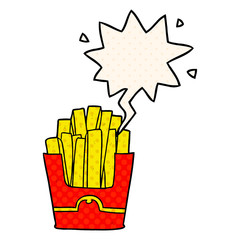 cartoon junk food fries and speech bubble in comic book style