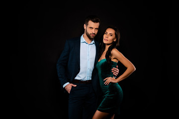 Close up photo beautiful she her classy chic lady wife he him his husband posing photographing well-dressed night club wear costume jacket pants velvet green shiny dress isolated black background