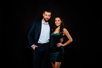 Close up photo beautiful she her classy chic lady groomed he him his hug rich glossy red carpet hollywood event famous wear costume jacket pants velvet green shiny dress isolated black background