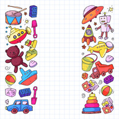 Vector pattern with kindergarten, toy children. Happy children illustration. Drawing on squared notebook.