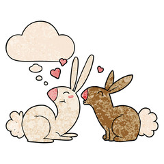 cartoon rabbits in love and thought bubble in grunge texture pattern style