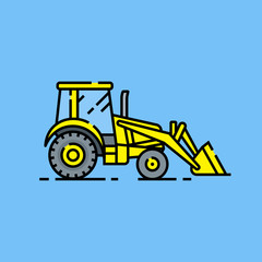 Yellow bulldozer line icon. Construction vehicle symbol isolated on blue background. Vector illustration.