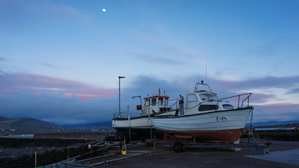 Two Moored Fishing Boats at Dusk on Valentia Island in Ireland