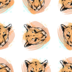 Seamless pattern of hand drawn sketch style portraits of puma isolated on white background. Vector illustration.