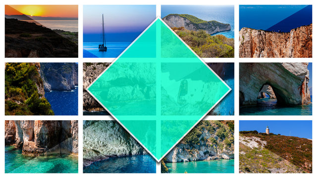 Collage photos Zakynthos Island - Greece, in 16:9 format. A pearl of the Mediterranean with beaches and coasts suitable for unforgettable sea holidays. Selection of landscapes.