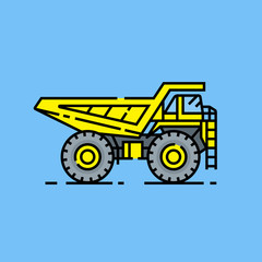 Yellow haul truck line icon. Heavy industry dump truck symbol. Large yellow construction vehicle graphic isolated on blue background. Vector illustration.