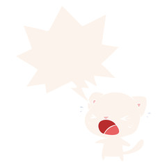cute cartoon cat crying and speech bubble in retro style