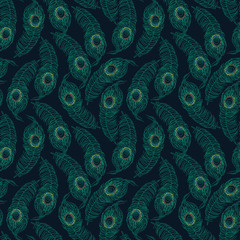 A seamless vector pattern with peacock feathers on dark backround. Surface print design.