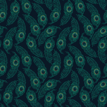 A seamless vector pattern with peacock feathers on dark backround. Surface print design.