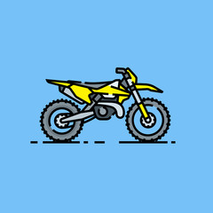 Fototapeta na wymiar Dirtbike line icon. Offroad motorcycle symbol. Motorcross bike graphic. Yellow enduro motorbike isolated on blue background. Vector illustration.