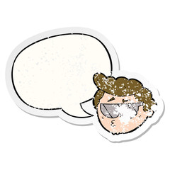 cartoon boy wearing sunglasses and speech bubble distressed sticker