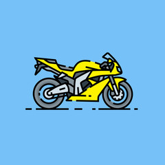 Fototapeta na wymiar Superbike line icon. Yellow sports motorcycle isolated on blue background. Fast motorbike symbol. Vector illustration.