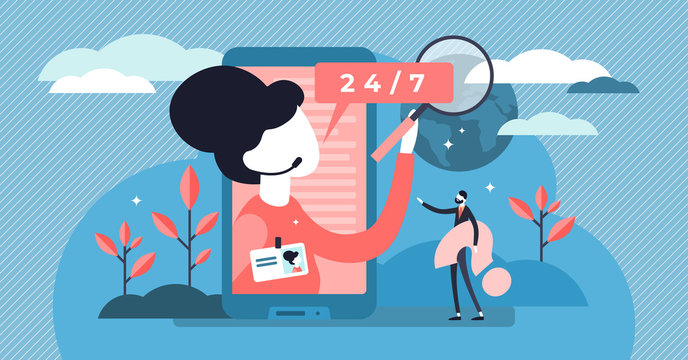 Assistant vector illustration. Flat tiny helpline support persons concept.