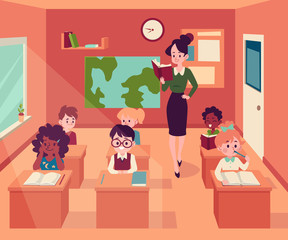 Woman stands in classroom holding book and children sit at desks cartoon style