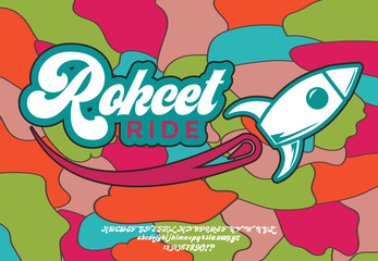 Rocket Ride. Script font in 1980s style. Illustration of 1980 retro flat poster.