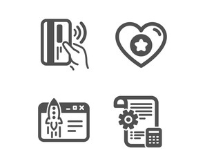 Fototapeta premium Set of Contactless payment, Heart and Start business icons. Settings blueprint sign. Bank money, Star rating, Launch idea. Report document. Classic design contactless payment icon. Flat design