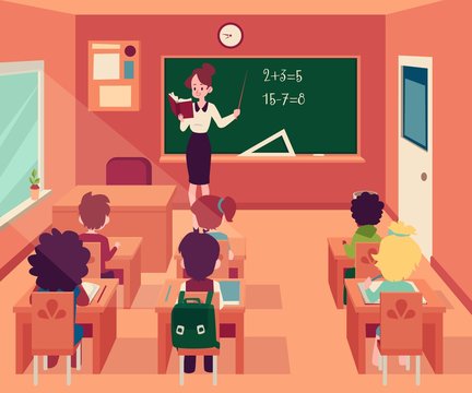 Woman stands at blackboard in classroom with children sit at desks cartoon style