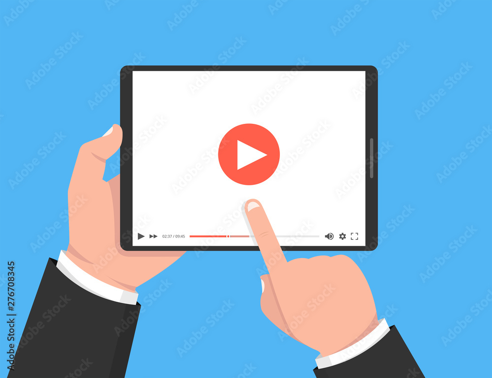 Wall mural hands holding tablet and touching screen. video player on screen. vector illustration.
