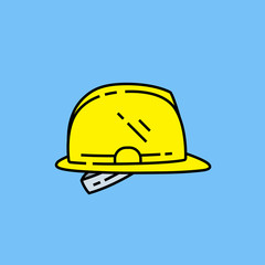 Fototapeta premium Yellow safety helmet line icon. Protective plastic hard hat graphic isolated on blue background. Vector illustration.