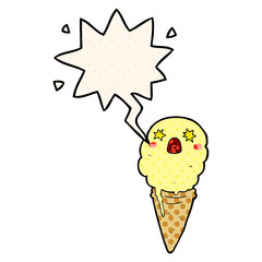 cartoon shocked ice cream and speech bubble in comic book style